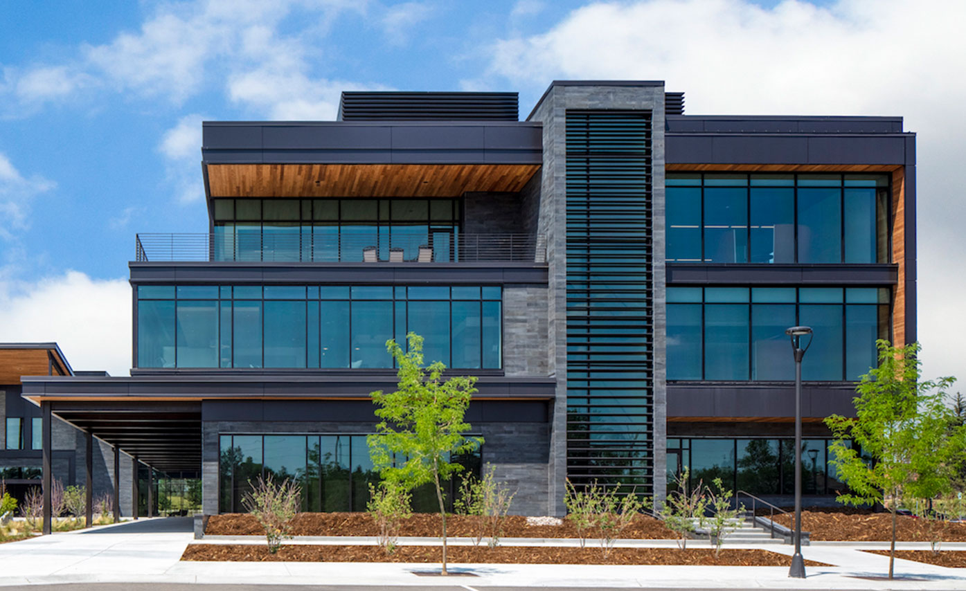 Graphite Linear Exterior Lava Stone Cladding on Blue Federal Credit Union in Cheyenne Wyoming